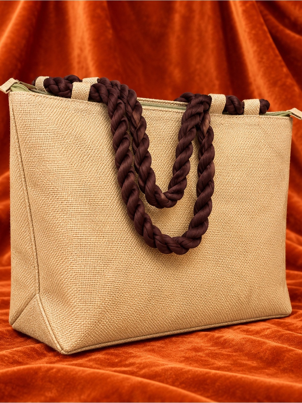 Murval Large Jute Burlap Tote Brown Braided Rope Handles